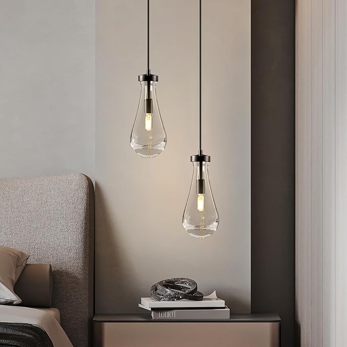 Raindrop Pendant Lights Kitchen Island: 2-Lights Black Crystal Teardrop Adjustable Height Pendant Light Fixtures over Dining Table - Modern Glass Rain Drop Ceiling Chandelier Bedroom Bathroom Lighting