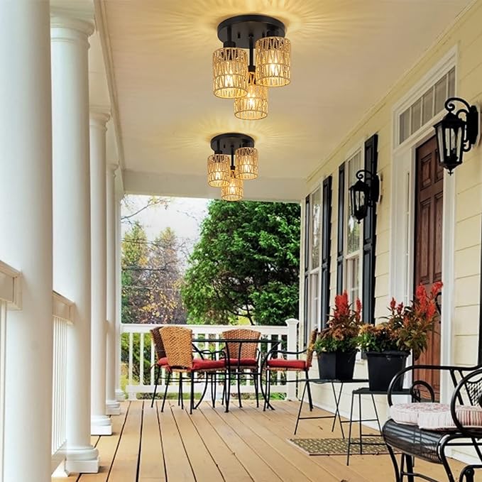 3-Lights Boho Light Fixtures Ceiling Mount, Farmhouse Rattan Chandelier, Hand Woven Cage Shade Semi Flush Mount Ceiling Lights for Bedroom Foyer Entryway Kitchen, Hallway Rattan Light Fixtures Ceiling