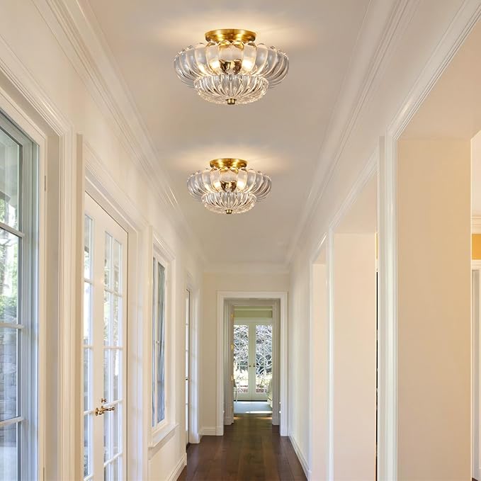 Semi Flush Mount Ceiling Light, Gold Light Fixture Ceiling Mount with Scalloped Clear Glass Shade, 3 Lights Vintage Chandelier, Modern Farmhouse Lighting for Hallway Kitchen Bedroom Foyer,