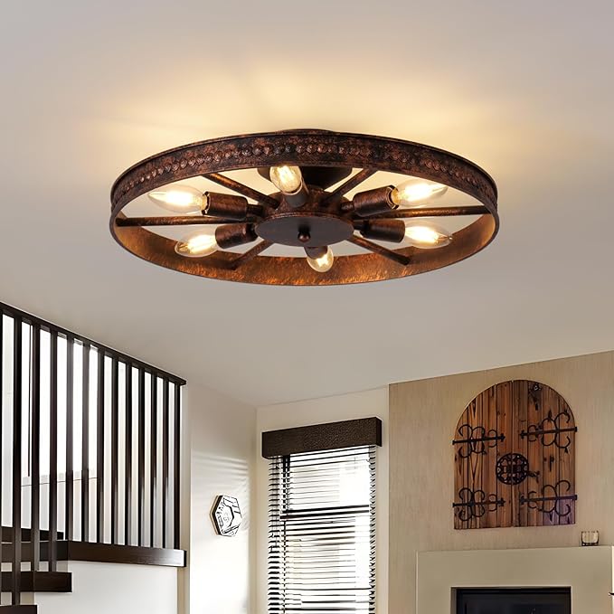Semi Flush Mount Ceiling Light, Industrial Metal Ceiling Light Fixture, 18.9" Rustic 6-Light Farmhouse Light, Red Rust Chandelier for Kitchen Dinning Room Entryway Living Room