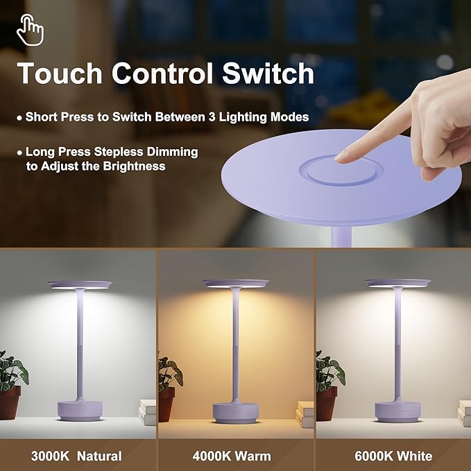 2 Pack Cordless Table Lamps Rechargeable, 5000mAh Portable LED Table Light, 3 Color Stepless Dimming Battery Powered Table Lamp, for Patio/Restaurant/Home/Outdoor.(Light Purple)