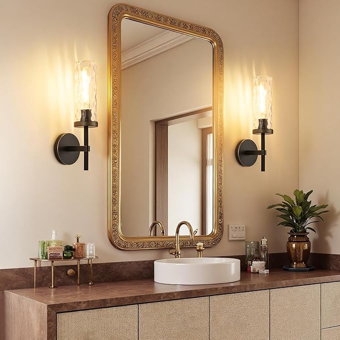 15" Knurled Brass Wall Sconce with Water Ripples Glass Tube, Black Gold Bathroom Vanity Light Fixtures, Modern Lamp Lighting for Bedroom, Living Room, Hallway, Staircase, Mirror, Kitchen