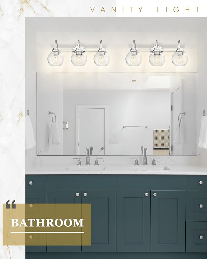 Bathroom Light Fixtures, 3-Light Brushed Nickel Vanity Lights Over Mirror with Globe Clear Glass, Modern Vanity Lighting Fixtures, AD-22280-3W-SN