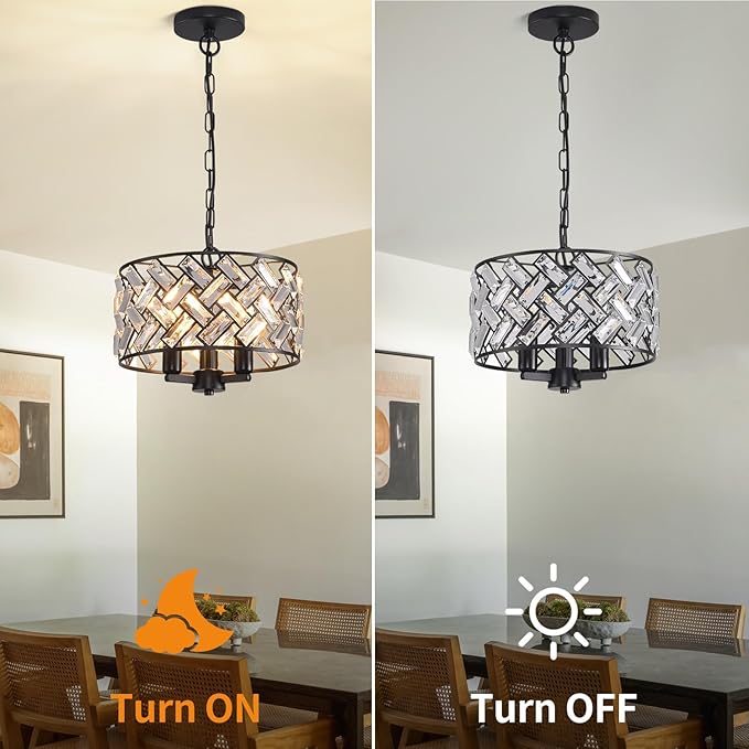 lobolighting Black Crystal Chandelier, 11'' Modern Chandelier, 3-LightSemi Flush Mount Ceiling Light Fixture for Dining Room Foyer Hallway