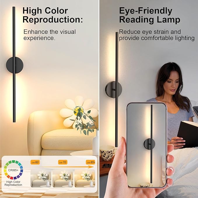 Tartek Battery Operated Wall Sconces Set of Two, Rechargeable Wall Lights with Remote Control, Dimmable 3000K-6000K LED Wall Lamp, 360°Rotate, Long Wireless Sconces for Living Room, Bedroom