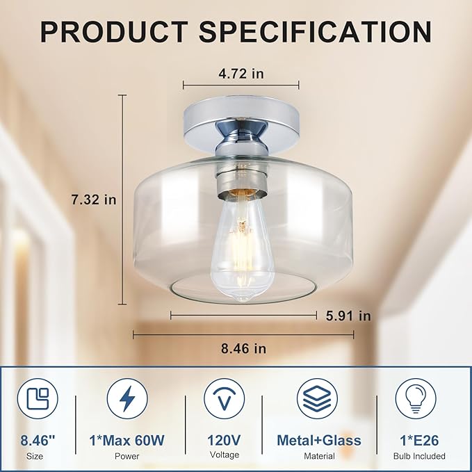 Industrial Semi Flush Mount Ceiling Light: Chrome Kitchen Lighting Fixtures Ceiling with Clear Glass - Vintage Hallway Light Fixtures E26 Bulb Included - 8.46” Light Fixtures Mount for Foyer