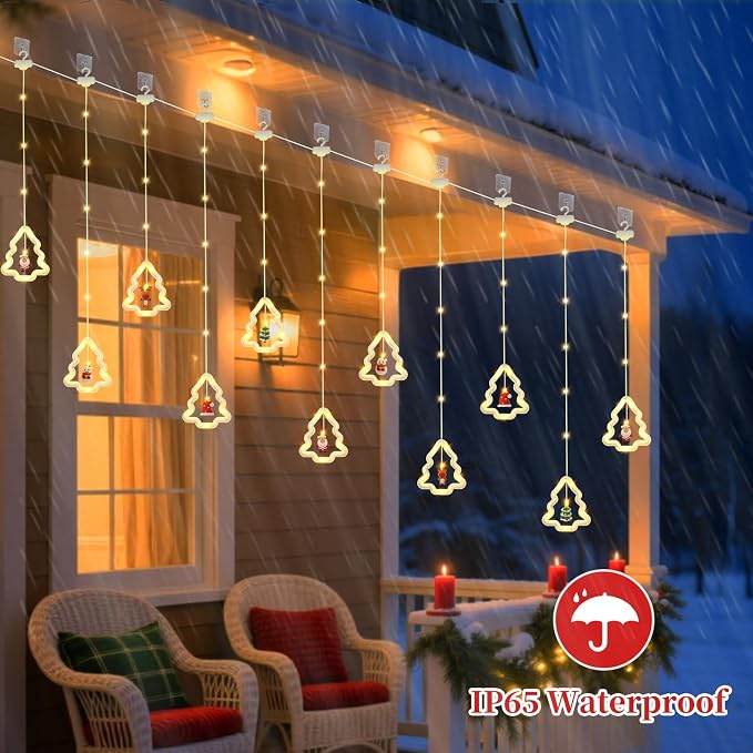 Christmas Tree Curtain Lights, Christmas Window Lights Decor with Remote,8 Lighting Modes, IP65 Waterproof, 10 Hooks Christmas Decorations Indoor Outdoor for Bedroom Party Wall Door Window