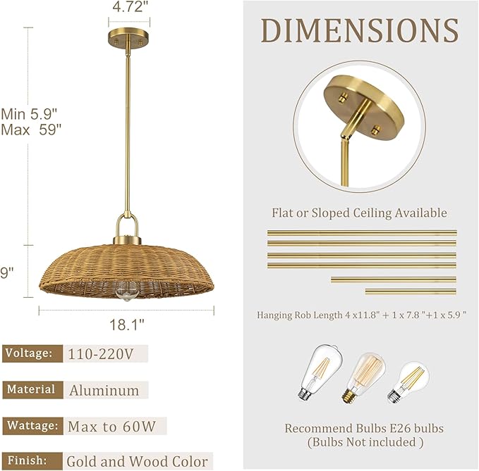 Lingkai 18.1'' Farmhouse Weaving Rattan Chandelier, Coastal Chandelier Hand Woven Rattan Dome Pendant Lighting Fixture Boho Natural Basket Hanging Light for Living Room Kitchen Dining Room