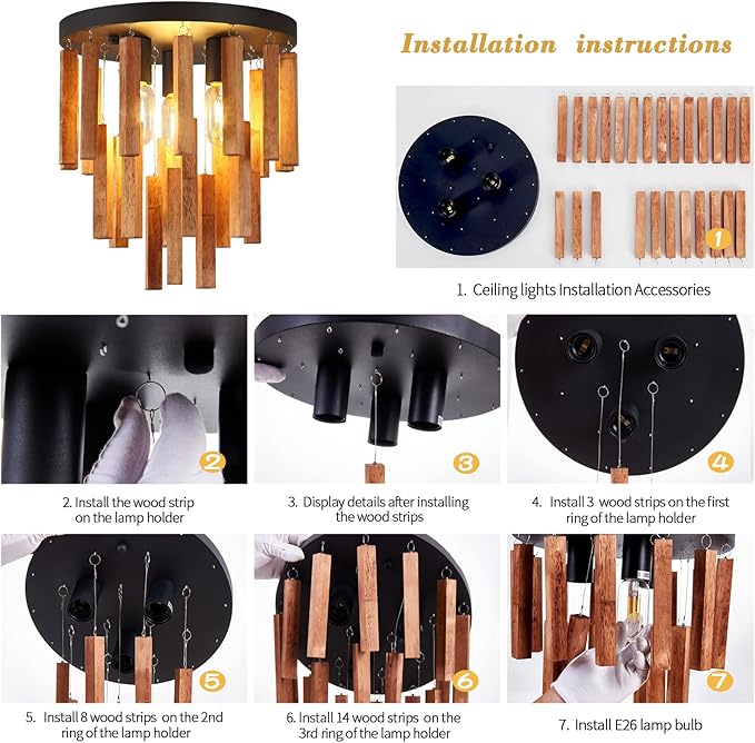 3-Light Semi Flush Mount Ceiling Lights Boho Wood Light Fixture Farmhouse Chandelier Oak and Black Ceiling Lighting with E26 for Kitchen Living Room Entryway Bedroom Dining Room