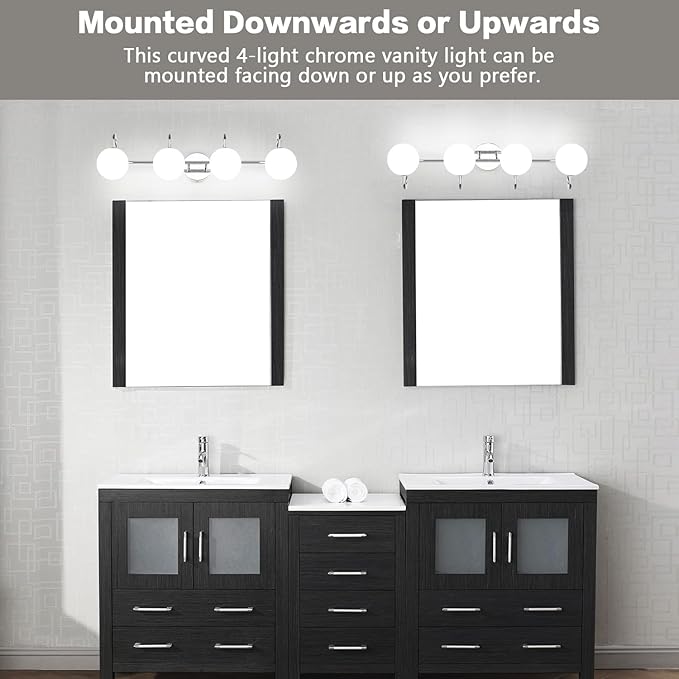 Chrome Mid Century Modern 4-Light Bathroom Light Fixtures Over Mirror, Vanity Wall Sconces With Globe Frosted Milk Glass