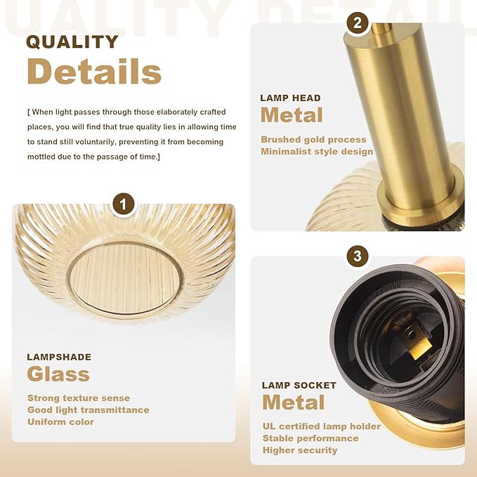 Amber Glass Plug in Pendant Light 2 Pack, Mid-Century Modern Gold Hanging Lamp, Ribbed Globe Hanging Light Plug in Swag Lights for Kitchen Island, Dining Room, Living Room, Bedroom