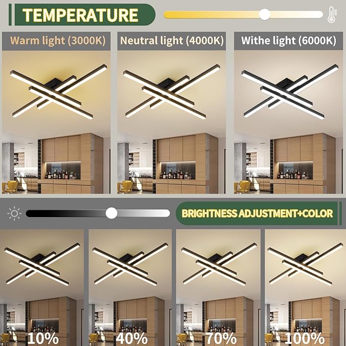 Modern LED Ceiling Lights 43.3" Black Flush Mount Ceiling Light Fixture Sputnik Dimmable Ceiling Lights with Remote Control for Bedroom Living Room Kitchen Room(4 Lights)