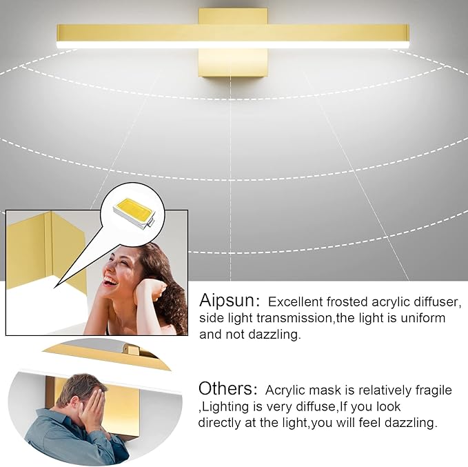 Aipsun Gold Bathroom Light Fixtures Modern LED Vanity Lights Over Mirror 24inch Vanity Lighting Adjustable Gold Wall Light for Bathroom （Cold White 6000K）