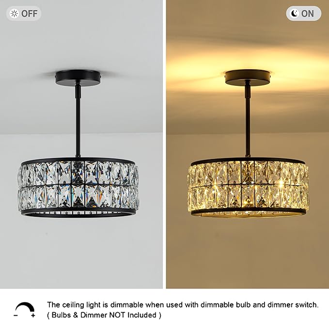 3-Light Crystal Ceiling Light, Modern Semi Flush Mount Ceiling Light, Black Crystal Chandelier for Kitchen Bedroom Bathroom Entryway Hallway