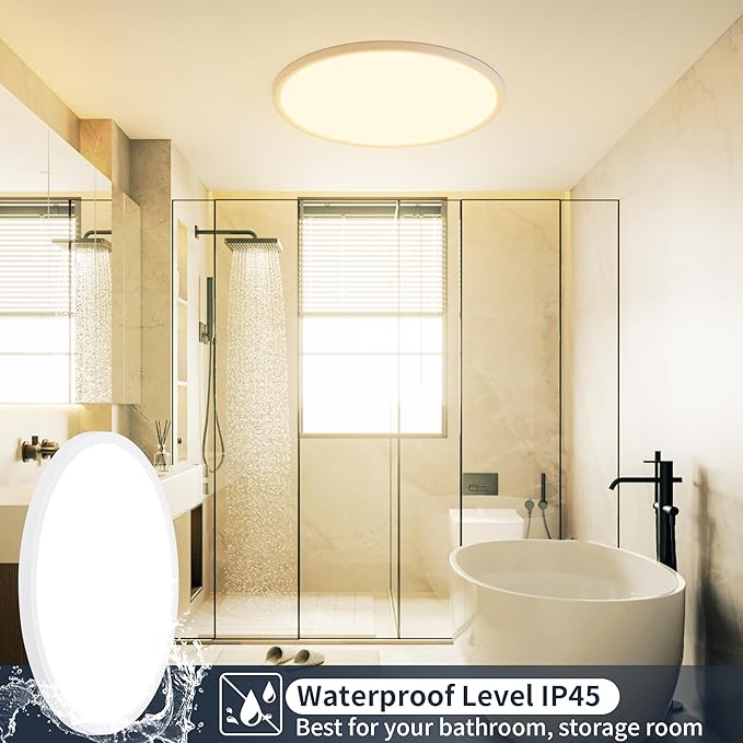 12 Inch Flush Mount Ceiling Light, 24W Dimmable LED Fixture 2400LM, 3000K/4500K/6000K Adjustable, Ultra Thin Round Ceiling Lamp for Bedroom, Kitchen, Living Room, Dining Room, Bathroom, White
