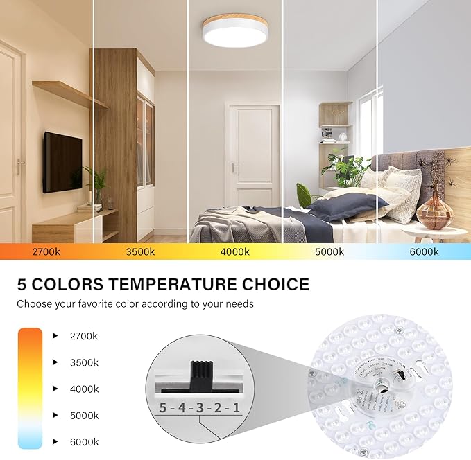Modern LED Ceiling Light, Dimmable Wood Flush Mount Ceiling Lighting Fixture, 5CCT Round Wood Close to Ceiling Lamp for Kitchen Hallway Bathroom Office Laundry Room Entryway Nursery(White& 11.81 in)