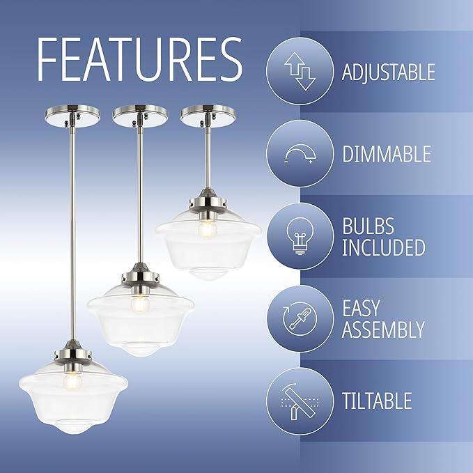 JONATHAN Y 9.5" Chrome Modern Schoolhouse LED Pendant Light Fixture, Adjustable Drop Metal Hanging Lamp with White Glass Shade for Kitchen Island, Dining Room, Foyer (JYL3517B)