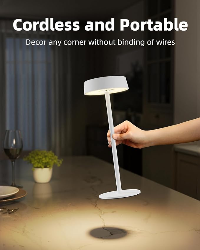 Cordless Lamp, Rechargeable Table Lamp, Battery Operated, RGB Dimmable Touch Control, 3 Color Temperatures, LED Memory Function, Portable Outdoor Waterproof, Restaurant Dining Patio Kitchen, White 1Pc