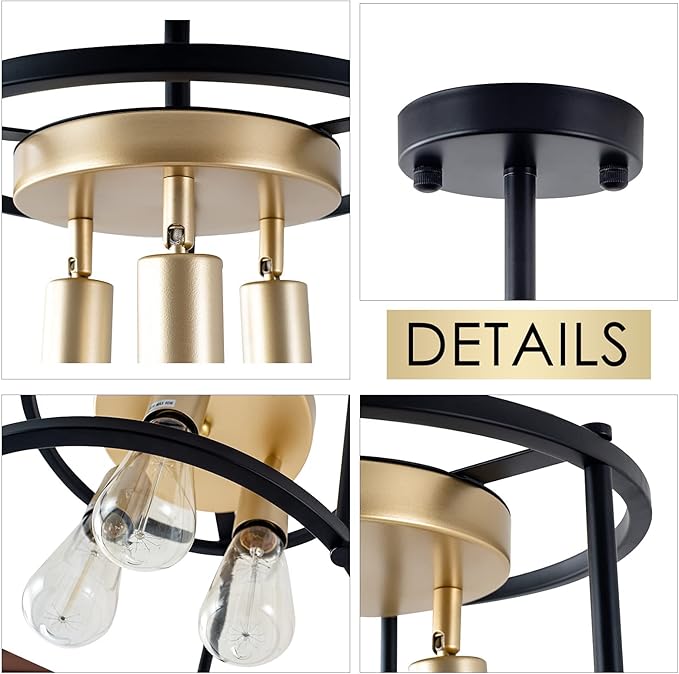 Industrial Semi Flush Mount Ceiling Light Fixture, 3-Light Farmhouse Vintage Black Ceiling Lamp with Adjustable Socket, Rustic Chandelier Metal Cage Shade for Kitchen Hallway Entryway Passway Bedroom
