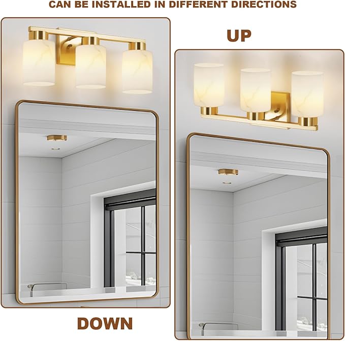 3-Light Bathroom Light Fixtures, Modern Vanity Lights, Gold Metal Wall Lamp with White Marble Glass for Bathroom, Mirror, Living Room, Bedroom, Cabinet, Porch, Hallway, E26 Base