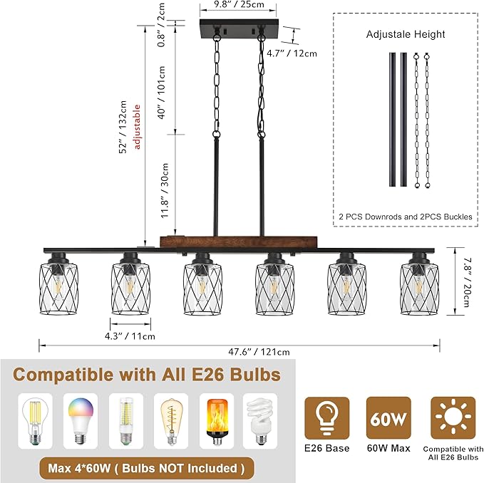 6-Light Dining Room Light Fixture/Chandelier Over Table, Island Lighting Hanging for Farmhouse Linear Chandeliers Matte Black Rustic Wood Ceiling Pendant Light Fixtures, with Clear Glass Shade