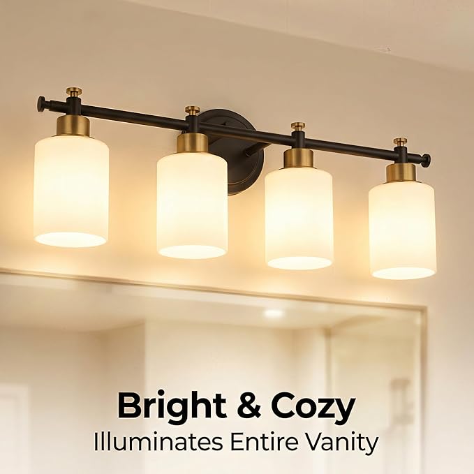 4-Light Bathroom Vanity Light, Modern Black and Gold Vanity Lights for Bathroom, White Frosted Glass Shades, Anti-Rust Vanity Light Fixture over Mirror, 23 Inch (Bulbs Not Included, E26 Base)
