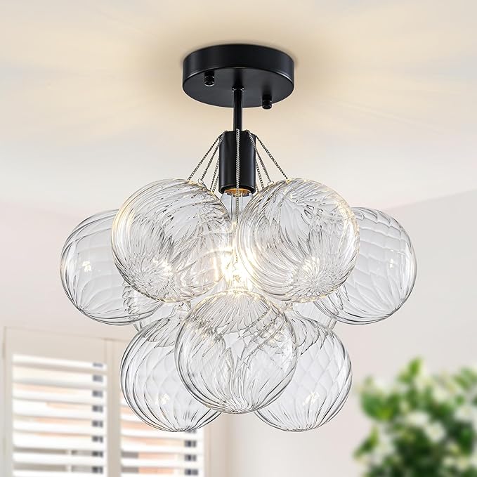 GoYeel Flush Mount Ceiling Light 14.17"-Mid Century Modern Chandelier Lighting Black Globe Bubble Chandeliers 1 Light with 9 Clear Swirled Glass Ball Lighting for Dining Room,Include E26 Blub
