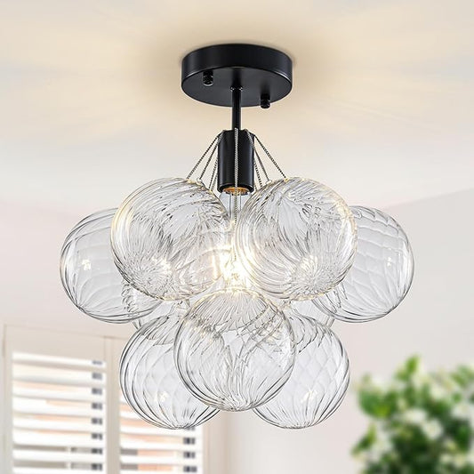 GoYeel Flush Mount Ceiling Light 14.17"-Mid Century Modern Chandelier Lighting Black Globe Bubble Chandeliers 1 Light with 9 Clear Swirled Glass Ball Lighting for Dining Room,Include E26 Blub