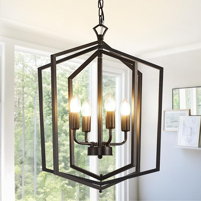 WJShome 18.1" Black Chandelier, 4-Light Farmhouse Dining Room Light Fixture, Industrial Ceilings Foyer Lighting Fixtures, Rustic Lantern Pendant Light, for Kitchen Island, Entryway, Staircase