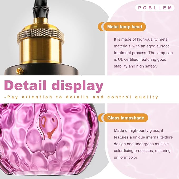 Mid Century Plug in Hanging Light for Living Room, 13.8" Purple Glass Shade Plug in Cord Boho Pendant Lamp for Bedroom Dining Room Kitchen Sink, Large Plug-in Light