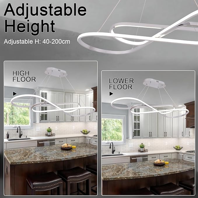 Led Chandeliers for Dining Room,Modern Led Pendant Light Fixture, Dimmable Adjustable Height Music Note Shape Hanging Lamp with Remote Control White Iron Ceiling Light Fixture for Kitchen Island