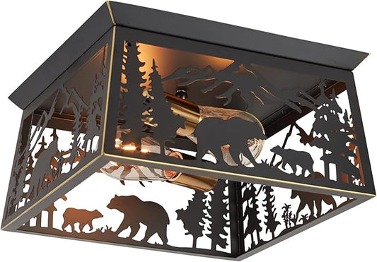 Farmhouse Flush Mount Ceiling Light Fixture, 2-Light Bear Rustic Light Fixtures for Log Cabin Kitchen, Bedroom, Living Room, Outdoor Porch, and Foyer Entryway Lighting (Bulbs not Included)