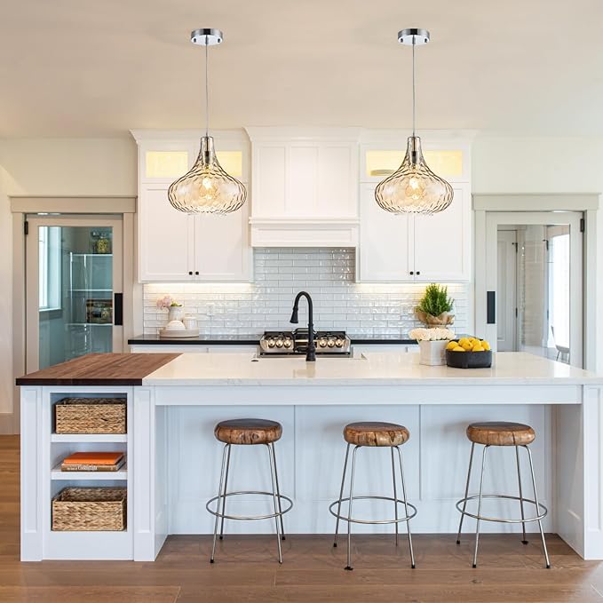 Amber Glass Pendant Light - 11-Inch Hammered Glass Ceiling Light with Brushed Nickel Finish, Adjustable Hanging Cord, Modern Lighting for Kitchen Island, Dining Room, Living Room & Hallway