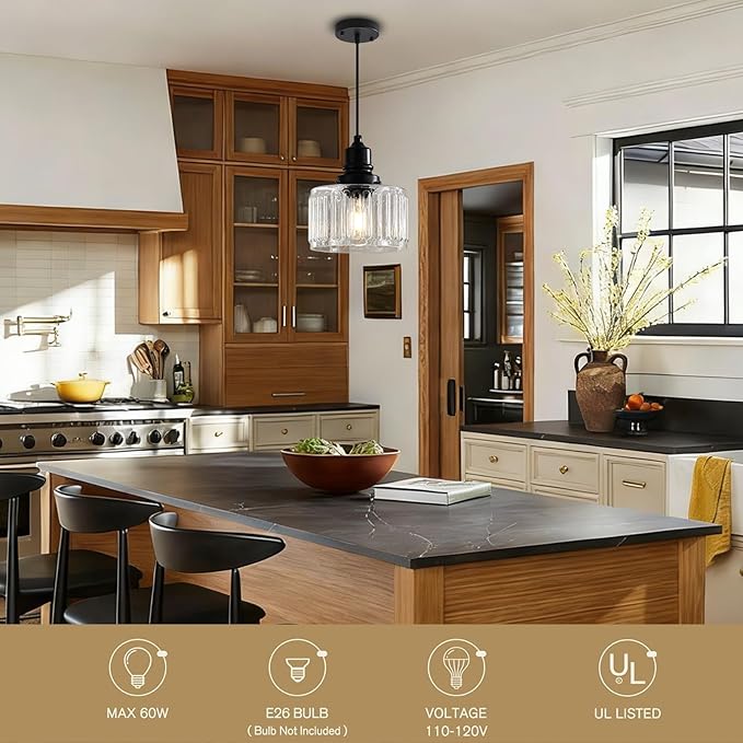 Vintage Pendant Lights Kitchen Island, Glass Kitchen Pendant Lighting Over Island, Farmhouse Pendant Light Fixtures for Kitchen Island, Bathroom, Bedroom, Dining Room, 2 Pack