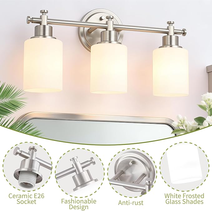 3-Light Bathroom Vanity Light Fixtures, Brushed Nickel Bathroom Wall Sconce, Modern Vanity Light with Milky White Glass Shade Over Mirror, Bathroom, Bedroom, E26 Base, 17 Inch