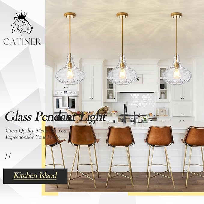 CATINER 11" Clear Glass Pendant Light – Large Hand-Blown Glass Shade with Hammered Texture and Gold Finish, Adjustable Ceiling Hanging Light for Kitchen Island, Dining Room, Hallway, Living Room