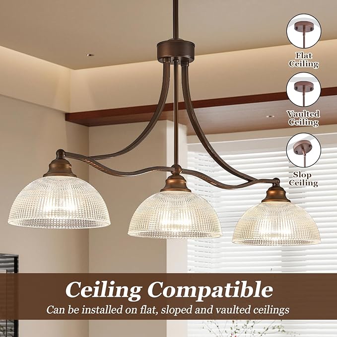 3-Light Oil Rubbed Bronze Pendant Light for Kitchen Island Antique Dome Hanging Light Fixture Brushed Bronze Dinner Room Light with Crystal Glass Adjustable Pendant Lamp for Bedroom Hallway Entryway