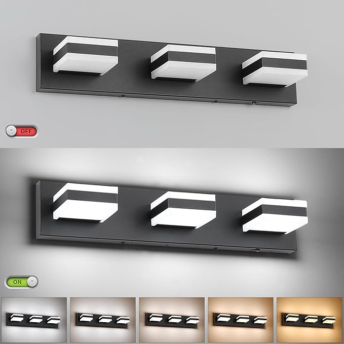 SOLFART Bathroom Light, 5 Color Temperature LED Bathroom Vanity Fixtures, Black 3 Lights Vanity Light Over Mirror Modern LED Light Adjustable Color 5CCT