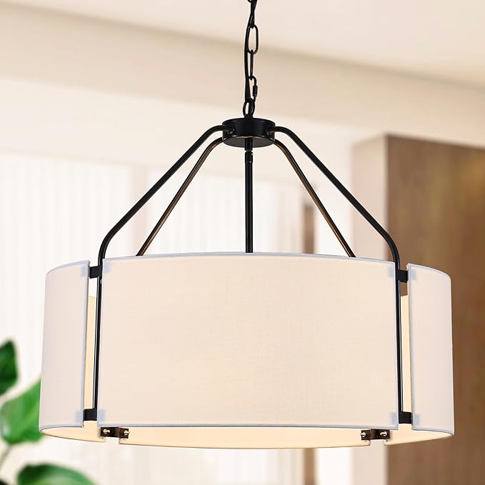 Drum Chandeliers, Modern 23'' Farmhouse Pendant Light Fixture with White Linen Fabric Shade, Black Round Adjustable Hanging Lights for Dining Room Bedroom Kitchen Living Room Foyer Entryway