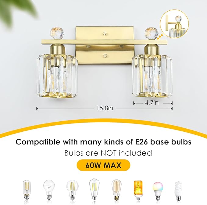 2-Light Gold Bathroom Light Fixtures,Modern Bathroom Vanity Lights Fixture with Clear Crystal Glass Shade,Brushed Gold Bath Wall Mount Lights, Light Fixtures for Mirror Bedroom Living Room