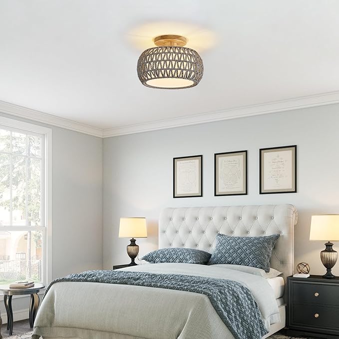 Boho Rattan Ceiling Light Fixture - 3 Style Options Wicker Semi Flush Mount Ceiling Lights,Grey Coastal Light Fixtures,Bohemian Woven Basket Chandelier for Hallway Bedroom Nursery Kitchen Laundry