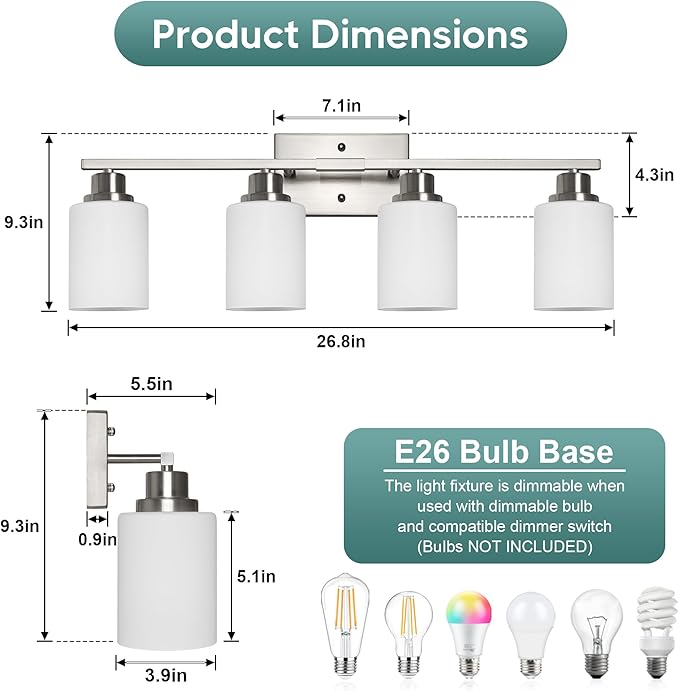 Ascher Bathroom Light Fixtures, 4-Light Vanity Light Over Mirror, Brushed Nickel Wall Sconces with Milky White Frosted Glass Shades, Wall Lamp for Living Room Bedroom, E26 Base(Bulbs Not Included)