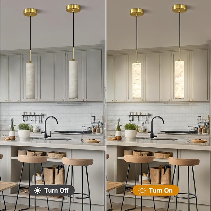 LMQNINE Natural Alabaster Pendant Lights for Kitchen Island White Marble Long Tube Chandelier Modern 4000K Gold Ceiling Light Fixtures for Bedroom Dining Room Table Living Room Hallway(S-2Pack)