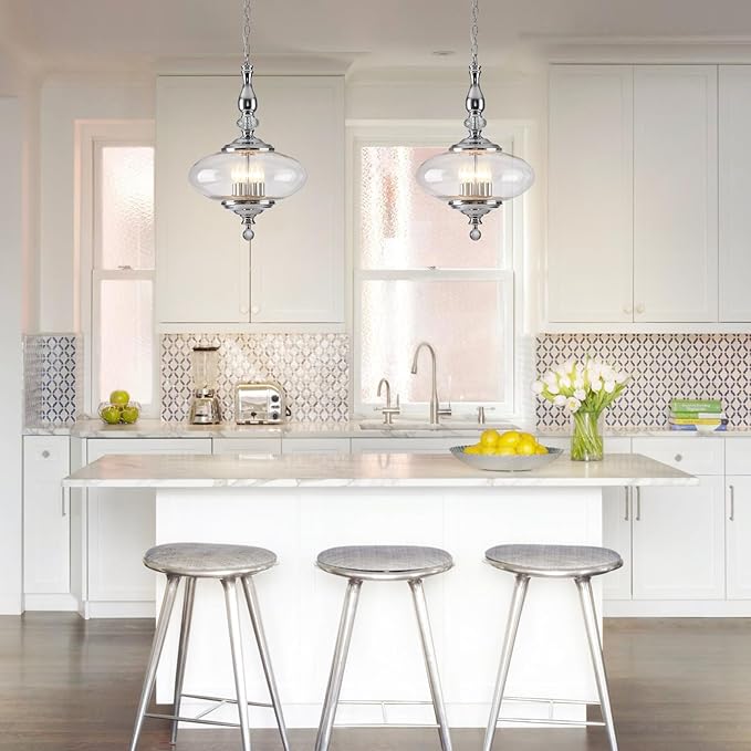 5 Light Chrome Chandelier Modern Glass Large Pendant Light H 27.5" x W 15.7" for Kitchen Island, Dining Room.E12 Bulb