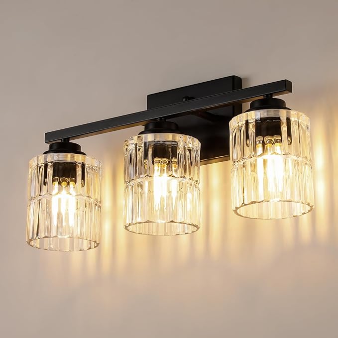 TALOYA 19 Inch Bathroom Light Fixtures,Modern 3-Light Brushed Black Vanity Lights with Wide Vertical Ribbed Thickened Glass Shade Wall Sconces for Mirror Makeup Room Hallway（Bulbs Not Included）