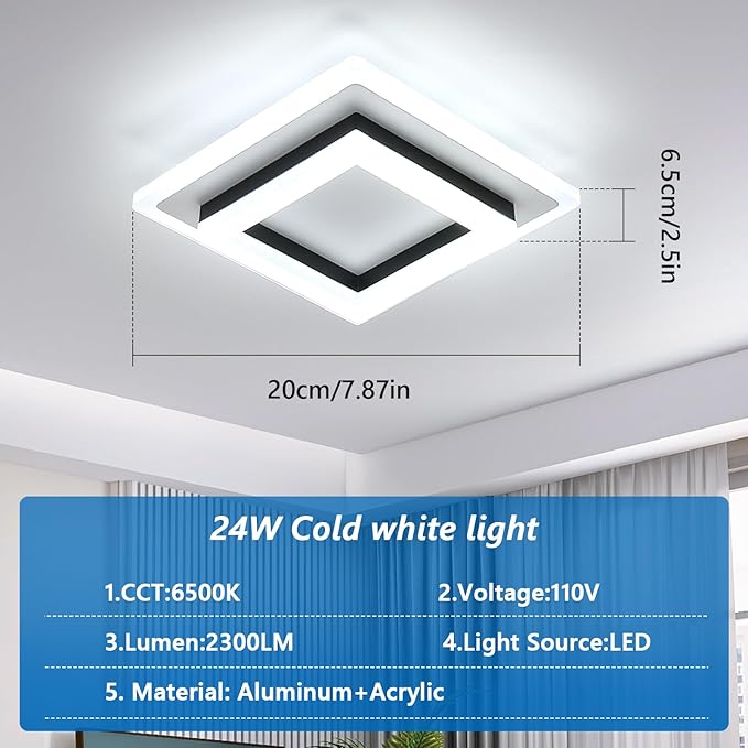DELIPOP 2 Pack Modern LED Ceiling Light, 24W Black Flush Mount Ceiling Lamp Fixture, 6500K Cold White LED Hallway Light for Living Room Bedroom Entryway Bathroom Kitchen