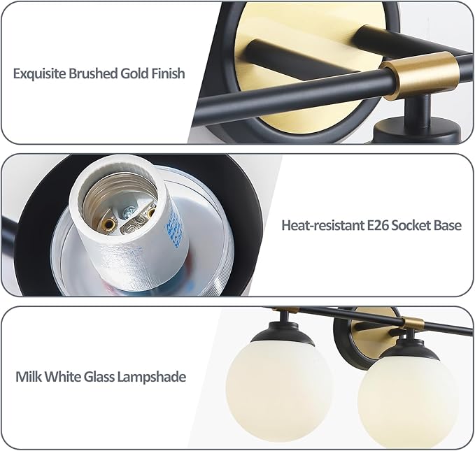 Rayogale Black Gold Bathroom Light Fixtures, ETL Certified, Modern, 4 Light Bathroom Wall Sconce, Vanity Light with Milk White Glass Shades (Bulbs Not Included) 32 Inch