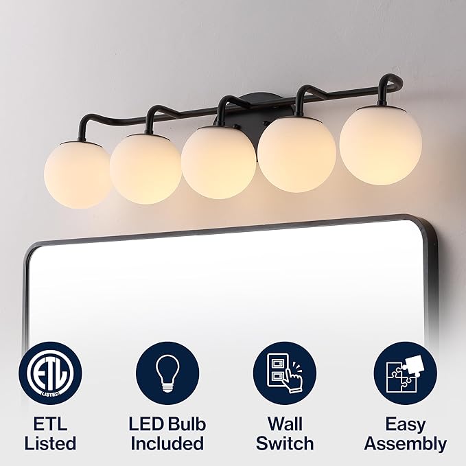 JONATHAN Y 33" Black Modern Globe Wall Sconce Vanity Light for Bathroom, White Frosted Glass Shade, Midcentury Parisian Bistro Wall Lamp, LED Bulb Included (JYL3559B)