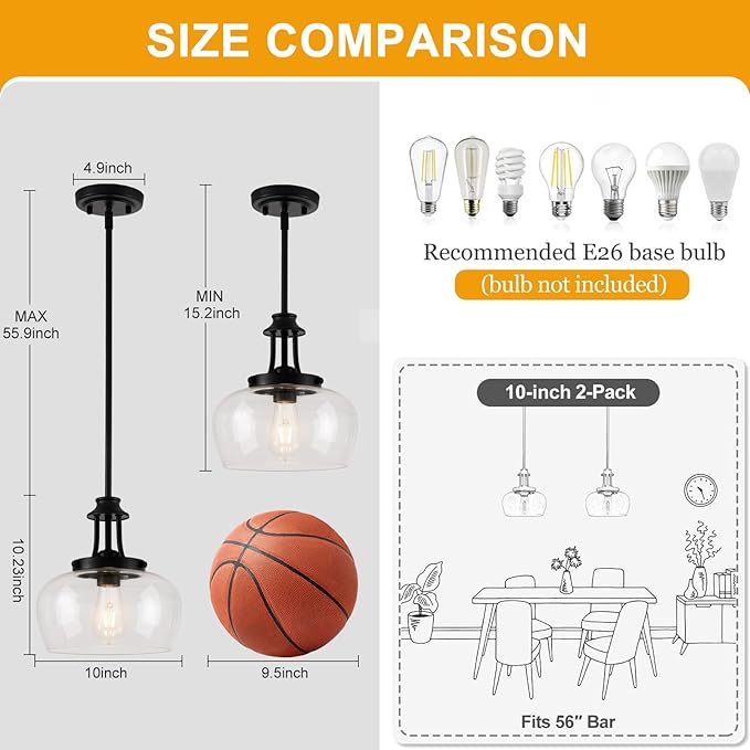Modern Pendant Lights Kitchen Island, Matte Black Pendant Light Fixtures with 10" Clear Glass Shade, Industrial Hanging Pendant Lights Fixture for Kitchen Island, Dining Room, Bedroom, Foyer, Entryway