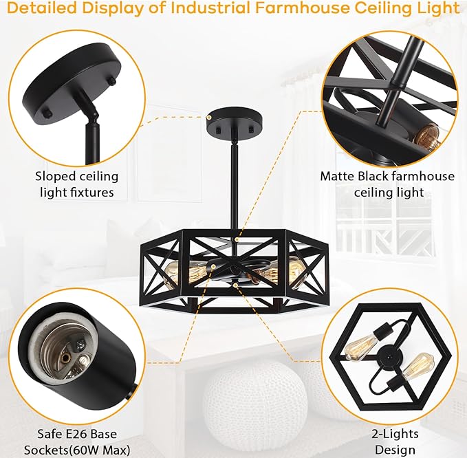 Semi Flush Mount Ceiling Light, Sloped Ceilings Lights Fixtures, Black Farmhouse 2-Light Chandelier, Adjustable Height Metal Lighting for Kitchen Dining Room Entryway Foyer Hallway
